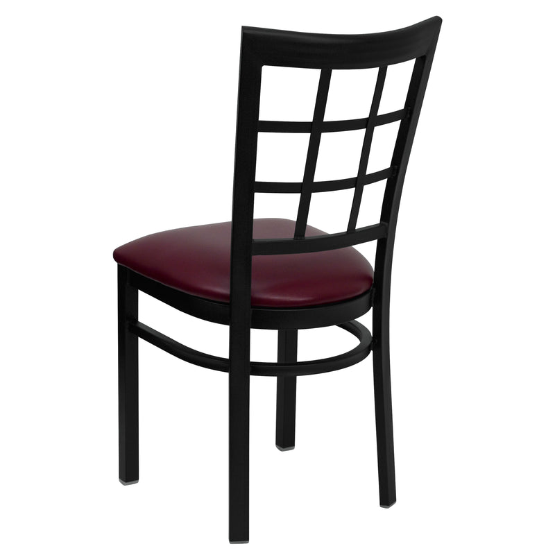 SINGLEWAVE Series Black Window Back Metal Restaurant Chair - Burgundy Vinyl Seat