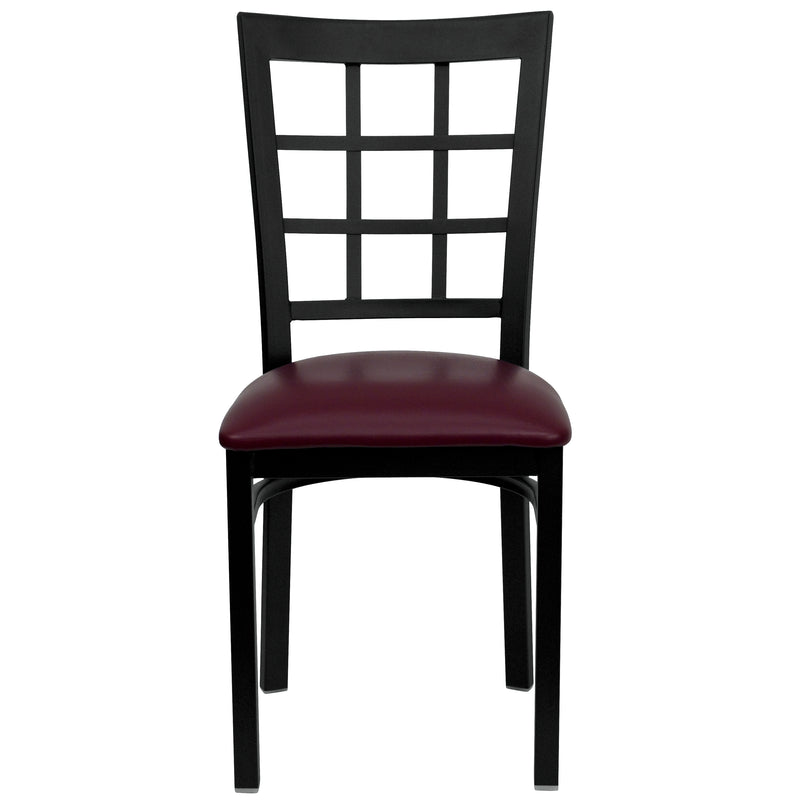 SINGLEWAVE Series Black Window Back Metal Restaurant Chair - Burgundy Vinyl Seat