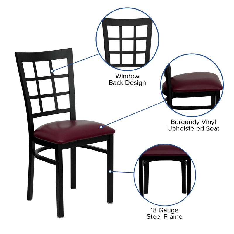 SINGLEWAVE Series Black Window Back Metal Restaurant Chair - Burgundy Vinyl Seat