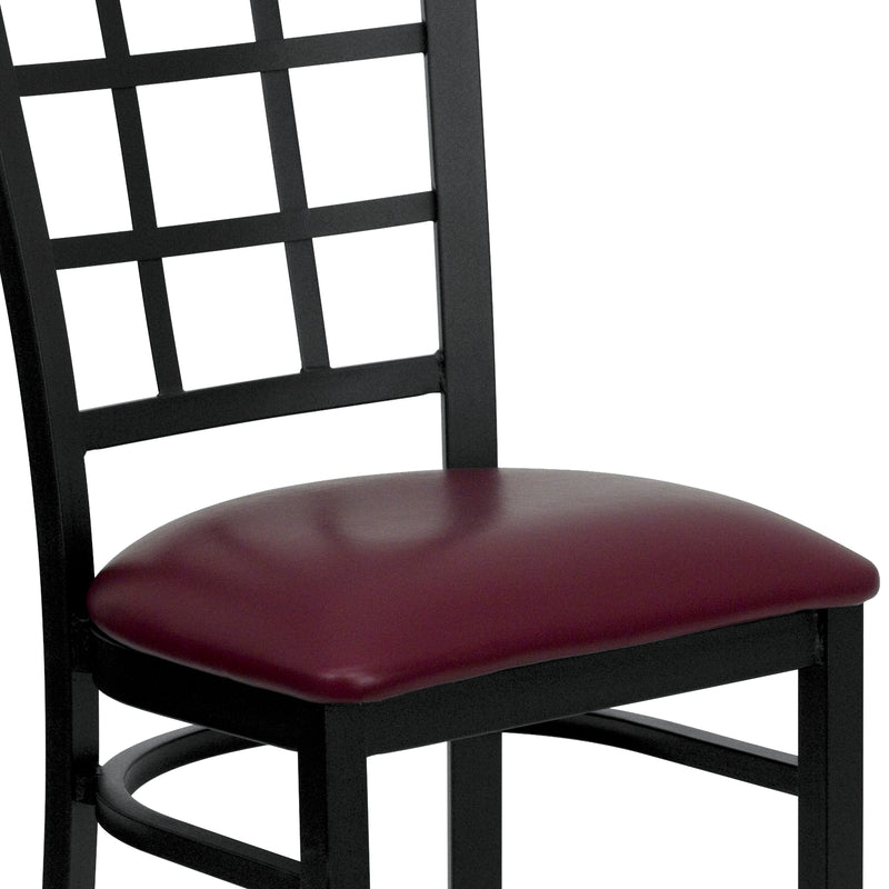 SINGLEWAVE Series Black Window Back Metal Restaurant Chair - Burgundy Vinyl Seat