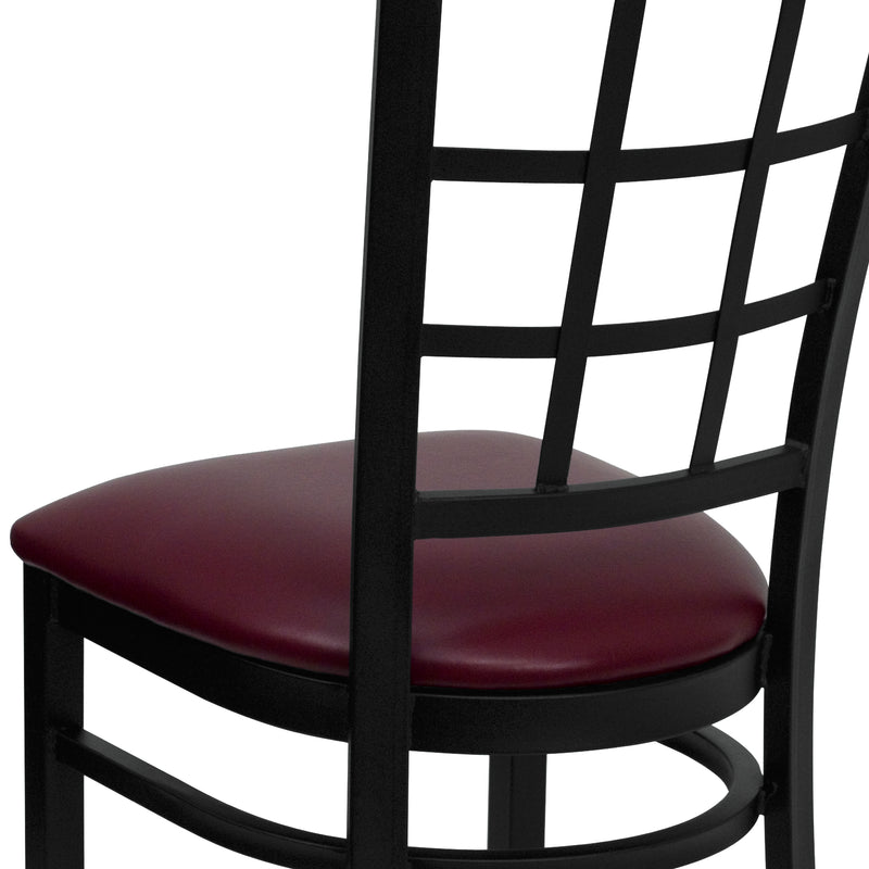 SINGLEWAVE Series Black Window Back Metal Restaurant Chair - Burgundy Vinyl Seat