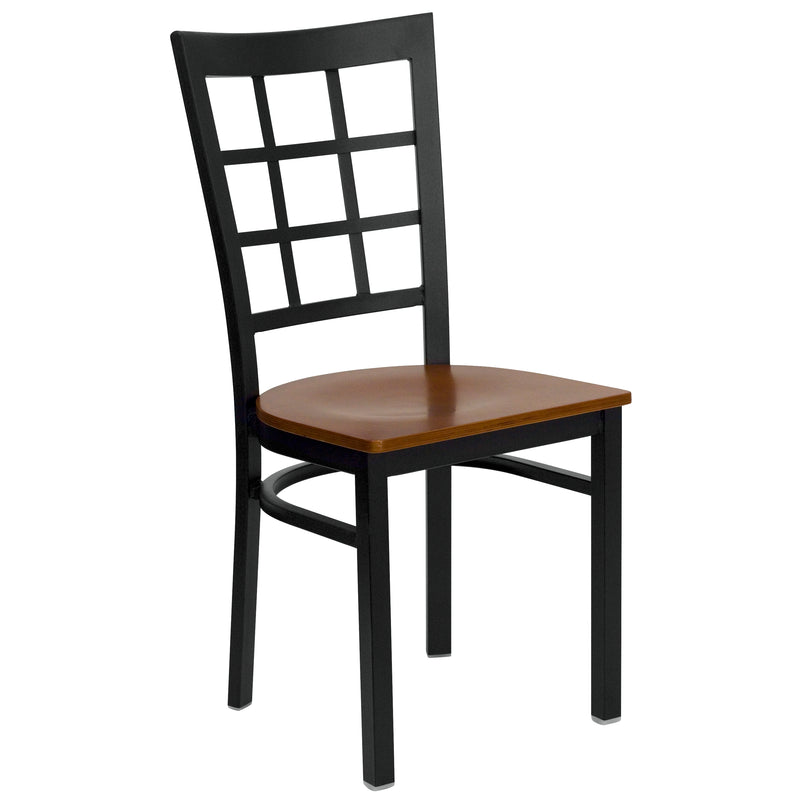 SINGLEWAVE Series Black Window Back Metal Restaurant Chair - Cherry Wood Seat