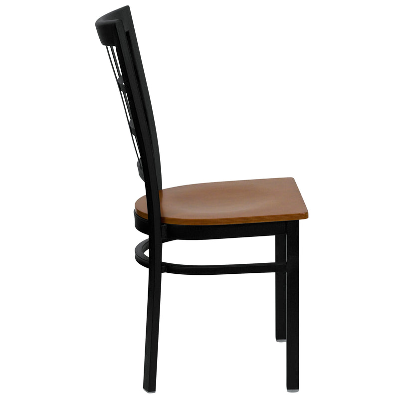 SINGLEWAVE Series Black Window Back Metal Restaurant Chair - Cherry Wood Seat