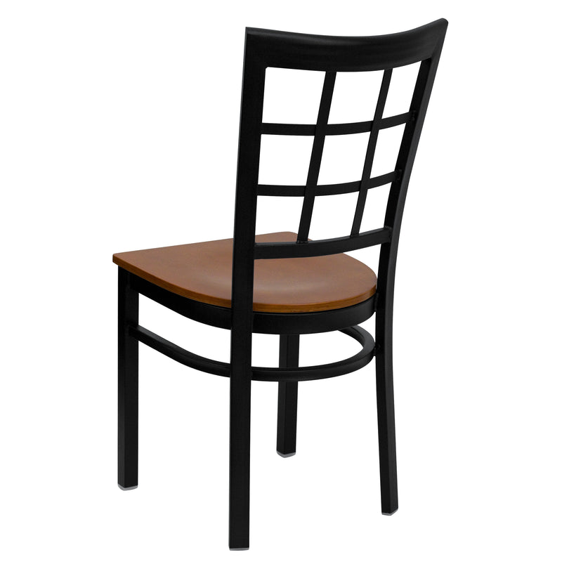 SINGLEWAVE Series Black Window Back Metal Restaurant Chair - Cherry Wood Seat