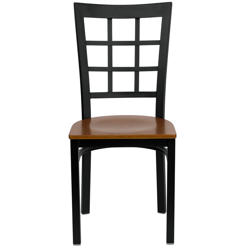 SINGLEWAVE Series Black Window Back Metal Restaurant Chair - Cherry Wood Seat