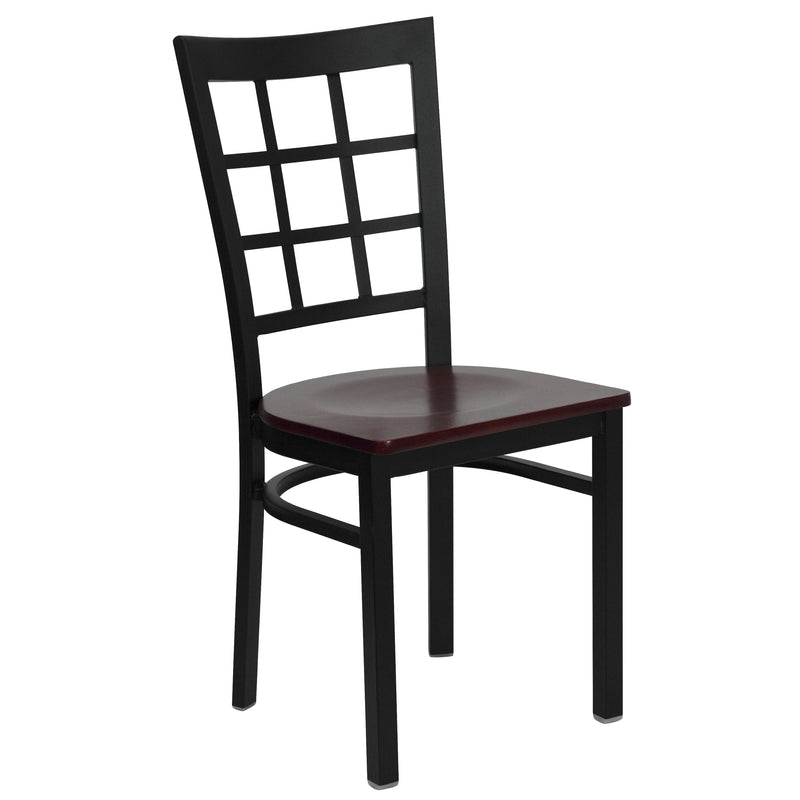 SINGLEWAVE Series Black Window Back Metal Restaurant Chair - Mahogany Wood Seat