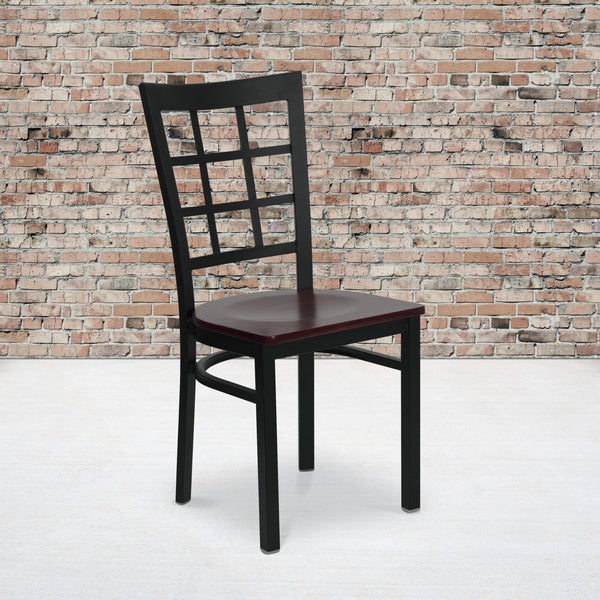SINGLEWAVE Series Black Window Back Metal Restaurant Chair - Mahogany Wood Seat