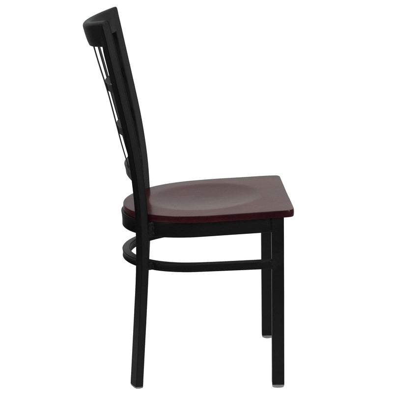 SINGLEWAVE Series Black Window Back Metal Restaurant Chair - Mahogany Wood Seat