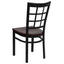 SINGLEWAVE Series Black Window Back Metal Restaurant Chair - Mahogany Wood Seat