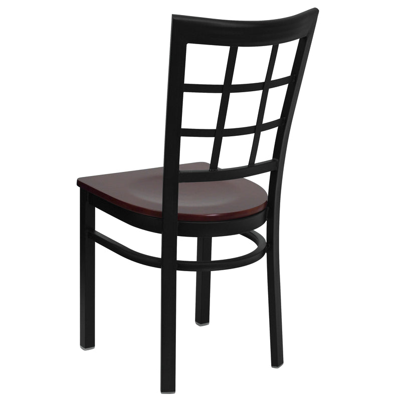 SINGLEWAVE Series Black Window Back Metal Restaurant Chair - Mahogany Wood Seat