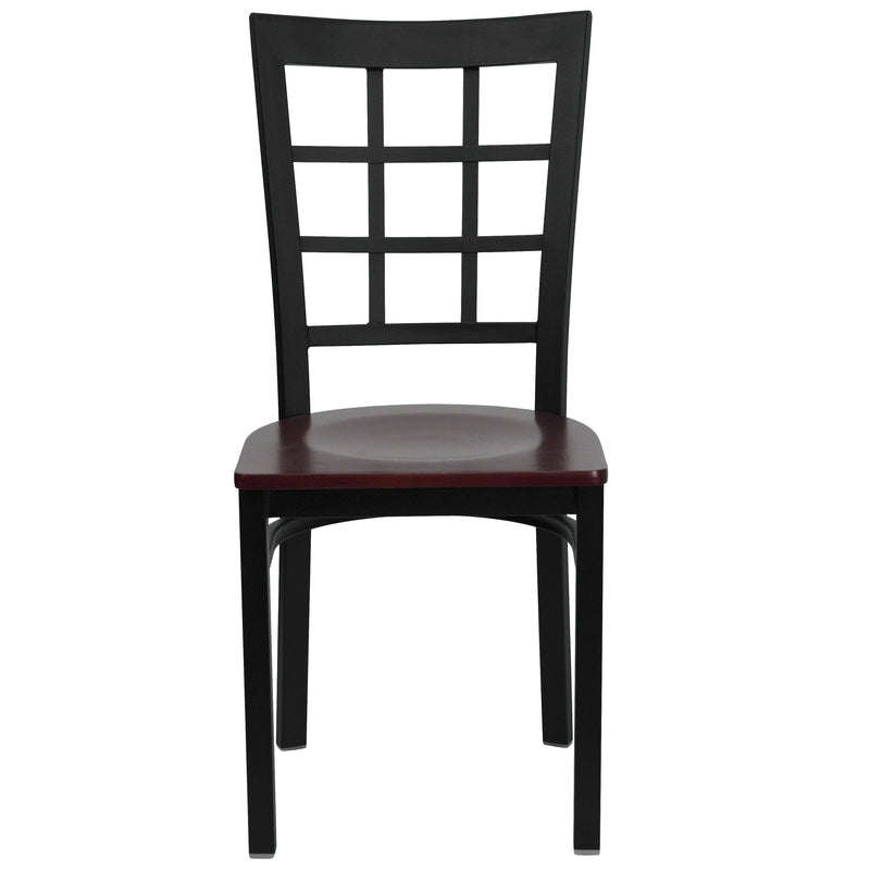 SINGLEWAVE Series Black Window Back Metal Restaurant Chair - Mahogany Wood Seat