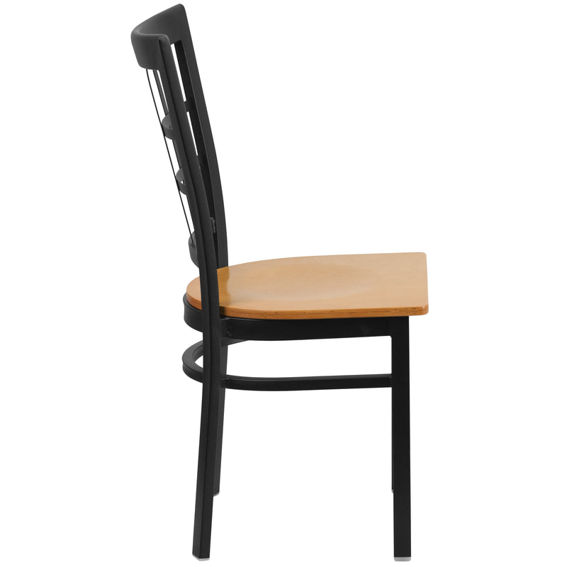 SINGLEWAVE Series Black Window Back Metal Restaurant Chair - Natural Wood Seat