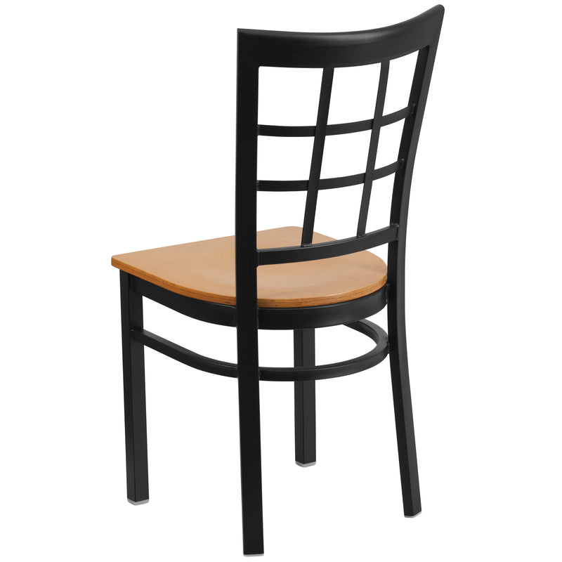 SINGLEWAVE Series Black Window Back Metal Restaurant Chair - Natural Wood Seat