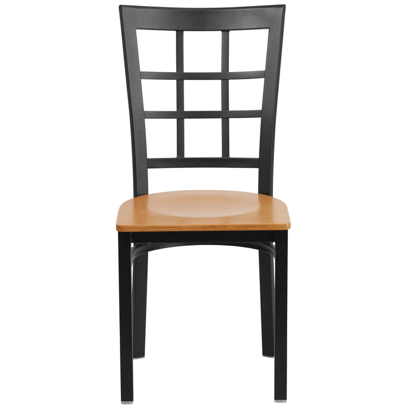 SINGLEWAVE Series Black Window Back Metal Restaurant Chair - Natural Wood Seat