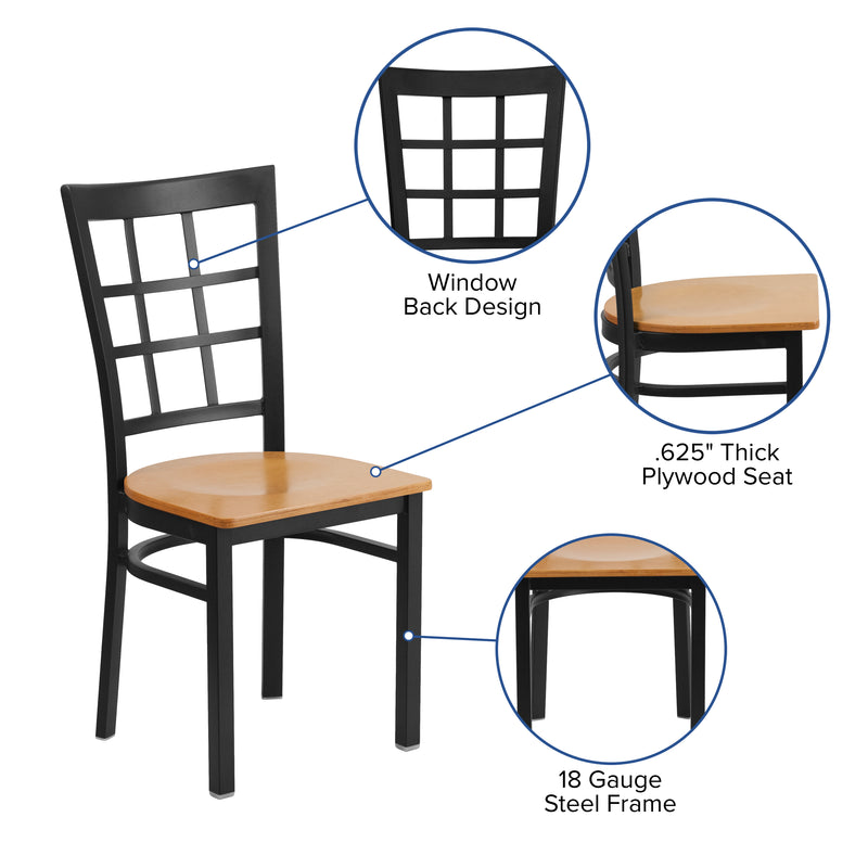 SINGLEWAVE Series Black Window Back Metal Restaurant Chair - Natural Wood Seat