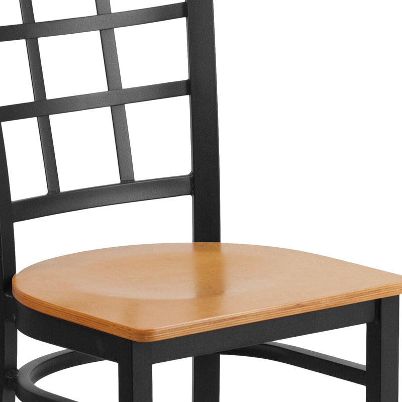 SINGLEWAVE Series Black Window Back Metal Restaurant Chair - Natural Wood Seat