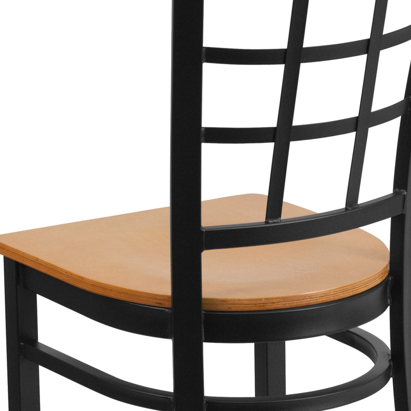 SINGLEWAVE Series Black Window Back Metal Restaurant Chair - Natural Wood Seat