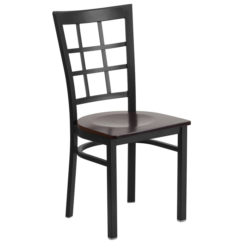 SINGLEWAVE Series Black Window Back Metal Restaurant Chair - Walnut Wood Seat