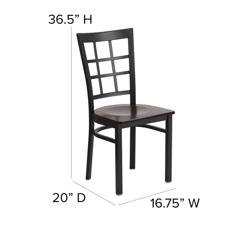 SINGLEWAVE Series Black Window Back Metal Restaurant Chair - Walnut Wood Seat