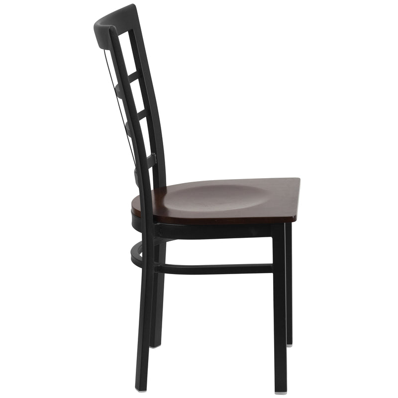 SINGLEWAVE Series Black Window Back Metal Restaurant Chair - Walnut Wood Seat