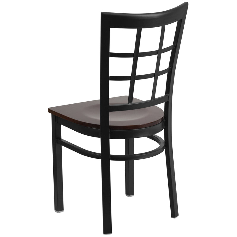 SINGLEWAVE Series Black Window Back Metal Restaurant Chair - Walnut Wood Seat