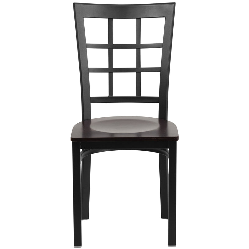 SINGLEWAVE Series Black Window Back Metal Restaurant Chair - Walnut Wood Seat