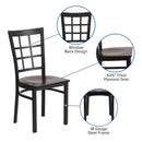 SINGLEWAVE Series Black Window Back Metal Restaurant Chair - Walnut Wood Seat