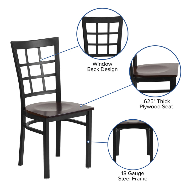 SINGLEWAVE Series Black Window Back Metal Restaurant Chair - Walnut Wood Seat