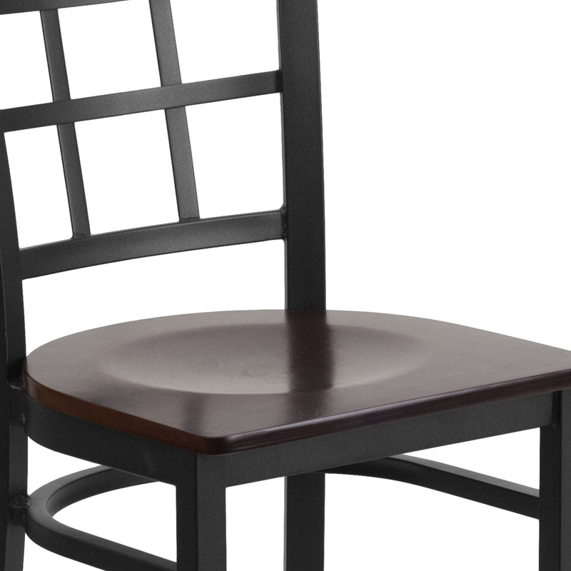 SINGLEWAVE Series Black Window Back Metal Restaurant Chair - Walnut Wood Seat