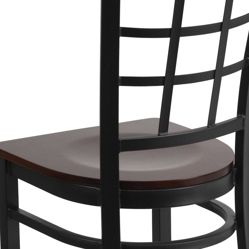 SINGLEWAVE Series Black Window Back Metal Restaurant Chair - Walnut Wood Seat