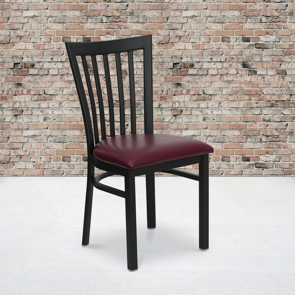 SINGLEWAVE Series Black School House Back Metal Restaurant Chair - Burgundy Vinyl Seat