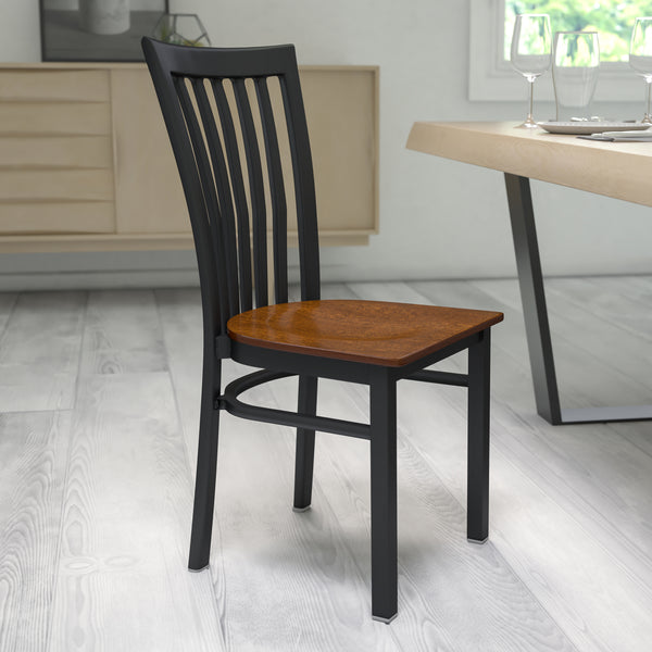 SINGLEWAVE Series Black School House Back Metal Restaurant Chair - Cherry Wood Seat