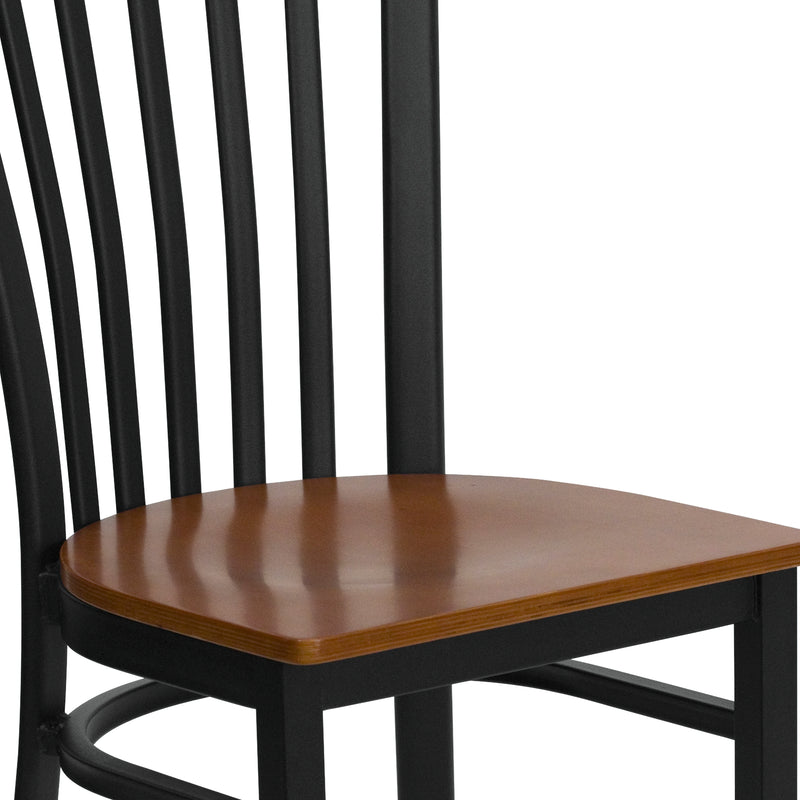 SINGLEWAVE Series Black School House Back Metal Restaurant Chair - Cherry Wood Seat