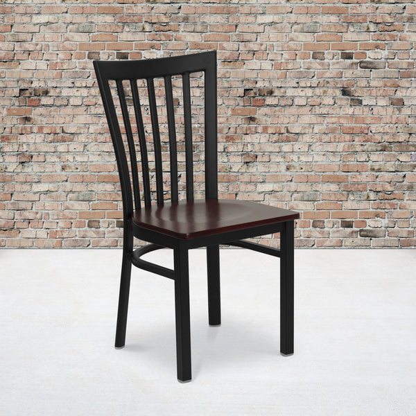 SINGLEWAVE Series Black School House Back Metal Restaurant Chair - Mahogany Wood Seat