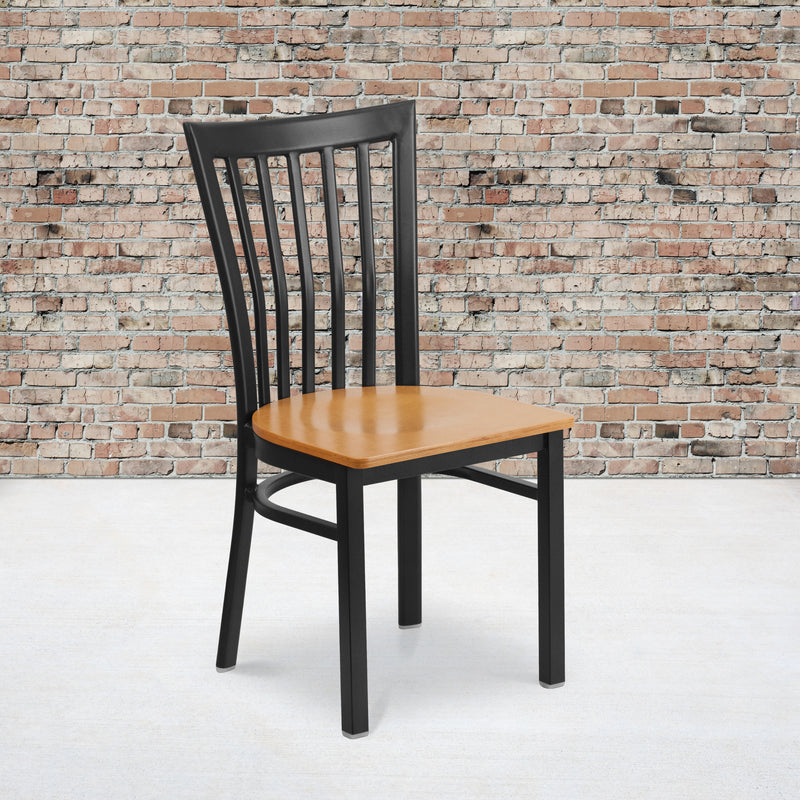 SINGLEWAVE Series Black School House Back Metal Restaurant Chair - Natural Wood Seat