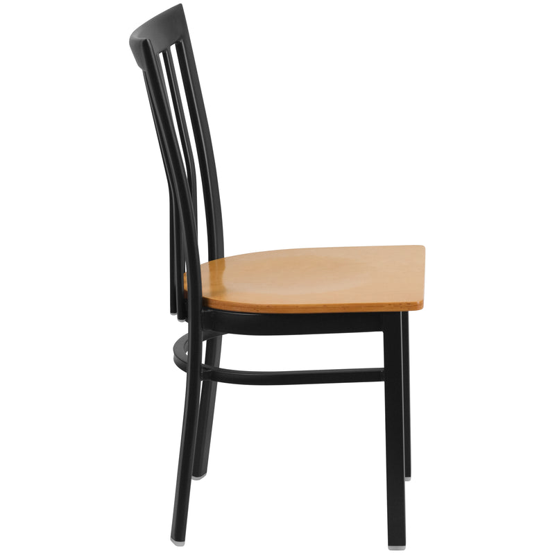 SINGLEWAVE Series Black School House Back Metal Restaurant Chair - Natural Wood Seat