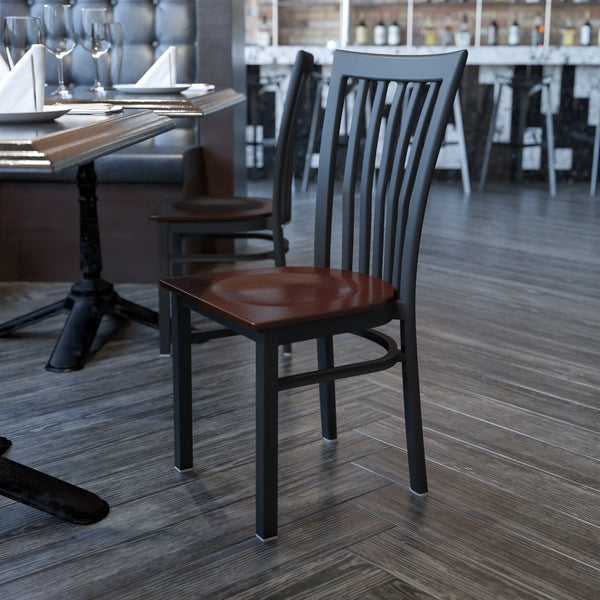 SINGLEWAVE Series Black School House Back Metal Restaurant Chair - Walnut Wood Seat