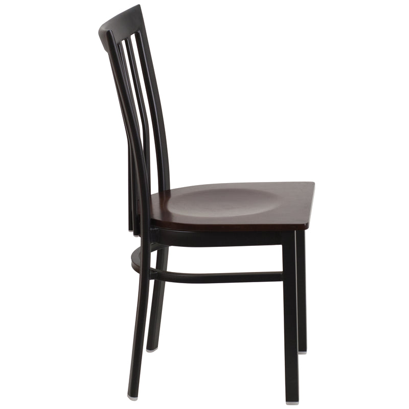 SINGLEWAVE Series Black School House Back Metal Restaurant Chair - Walnut Wood Seat