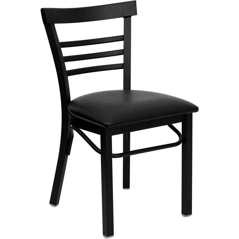 SINGLEWAVE Series Black Three-Slat Ladder Back Metal Restaurant Chair - Black Vinyl Seat