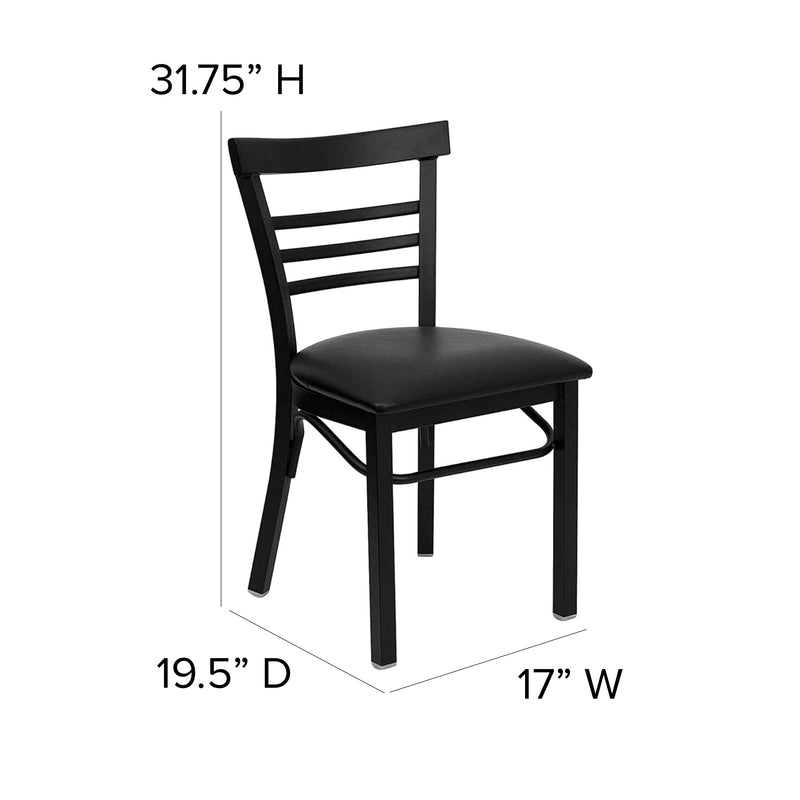 SINGLEWAVE Series Black Three-Slat Ladder Back Metal Restaurant Chair - Black Vinyl Seat