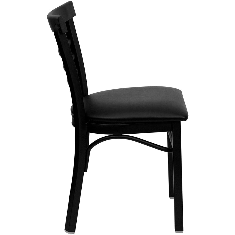 SINGLEWAVE Series Black Three-Slat Ladder Back Metal Restaurant Chair - Black Vinyl Seat