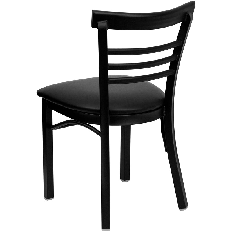 SINGLEWAVE Series Black Three-Slat Ladder Back Metal Restaurant Chair - Black Vinyl Seat