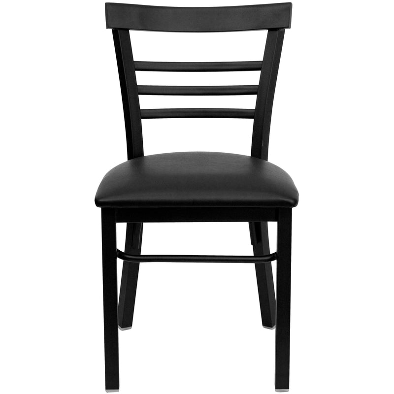 SINGLEWAVE Series Black Three-Slat Ladder Back Metal Restaurant Chair - Black Vinyl Seat