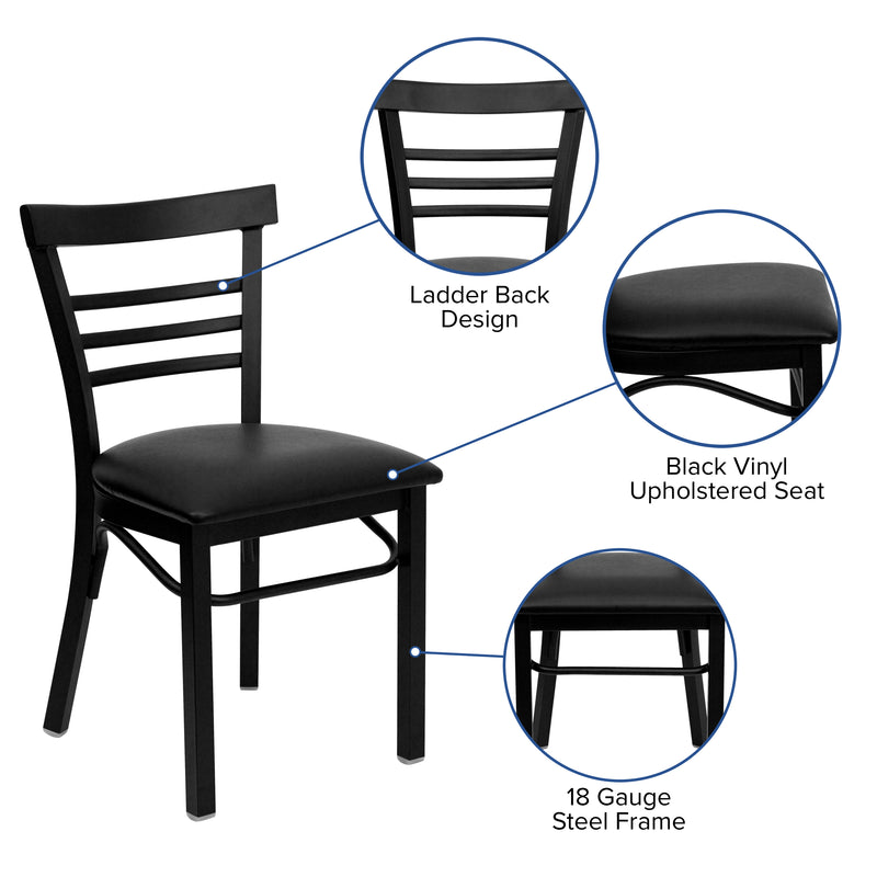 SINGLEWAVE Series Black Three-Slat Ladder Back Metal Restaurant Chair - Black Vinyl Seat