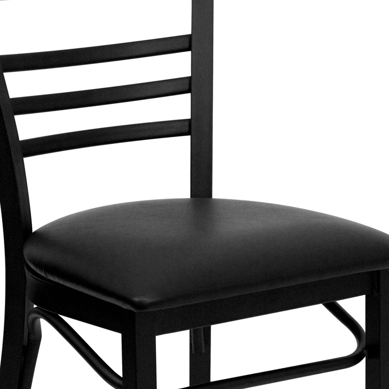 SINGLEWAVE Series Black Three-Slat Ladder Back Metal Restaurant Chair - Black Vinyl Seat