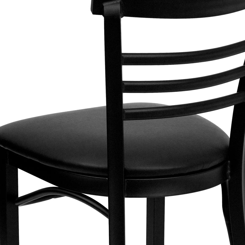 SINGLEWAVE Series Black Three-Slat Ladder Back Metal Restaurant Chair - Black Vinyl Seat