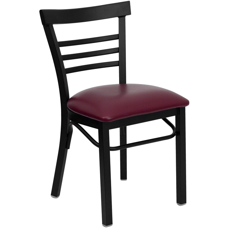 SINGLEWAVE Series Black Three-Slat Ladder Back Metal Restaurant Chair - Burgundy Vinyl Seat