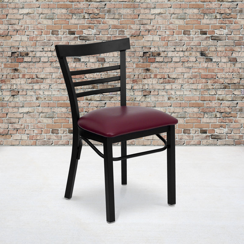 SINGLEWAVE Series Black Three-Slat Ladder Back Metal Restaurant Chair - Burgundy Vinyl Seat