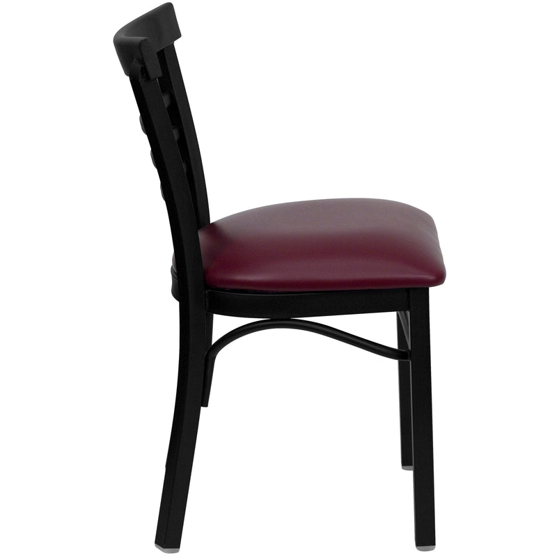 SINGLEWAVE Series Black Three-Slat Ladder Back Metal Restaurant Chair - Burgundy Vinyl Seat