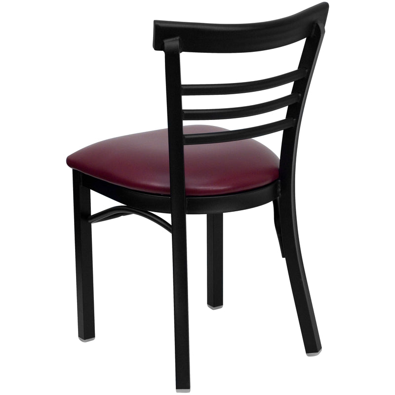 SINGLEWAVE Series Black Three-Slat Ladder Back Metal Restaurant Chair - Burgundy Vinyl Seat